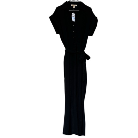 NWT Michael Kors Black Jumpsuit belted button front cuffed short sleeve XL $155 - Picture 2 of 10